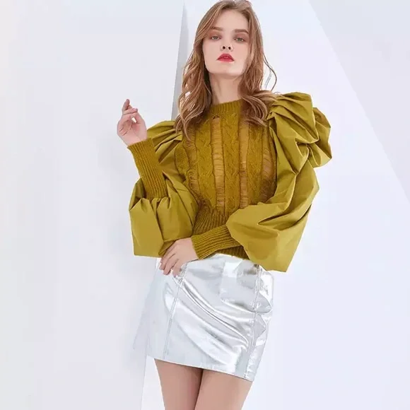 New Bishop Puff Sleeves Distress Crew neck Black color Pull on Sweater - Picture 4 of 12